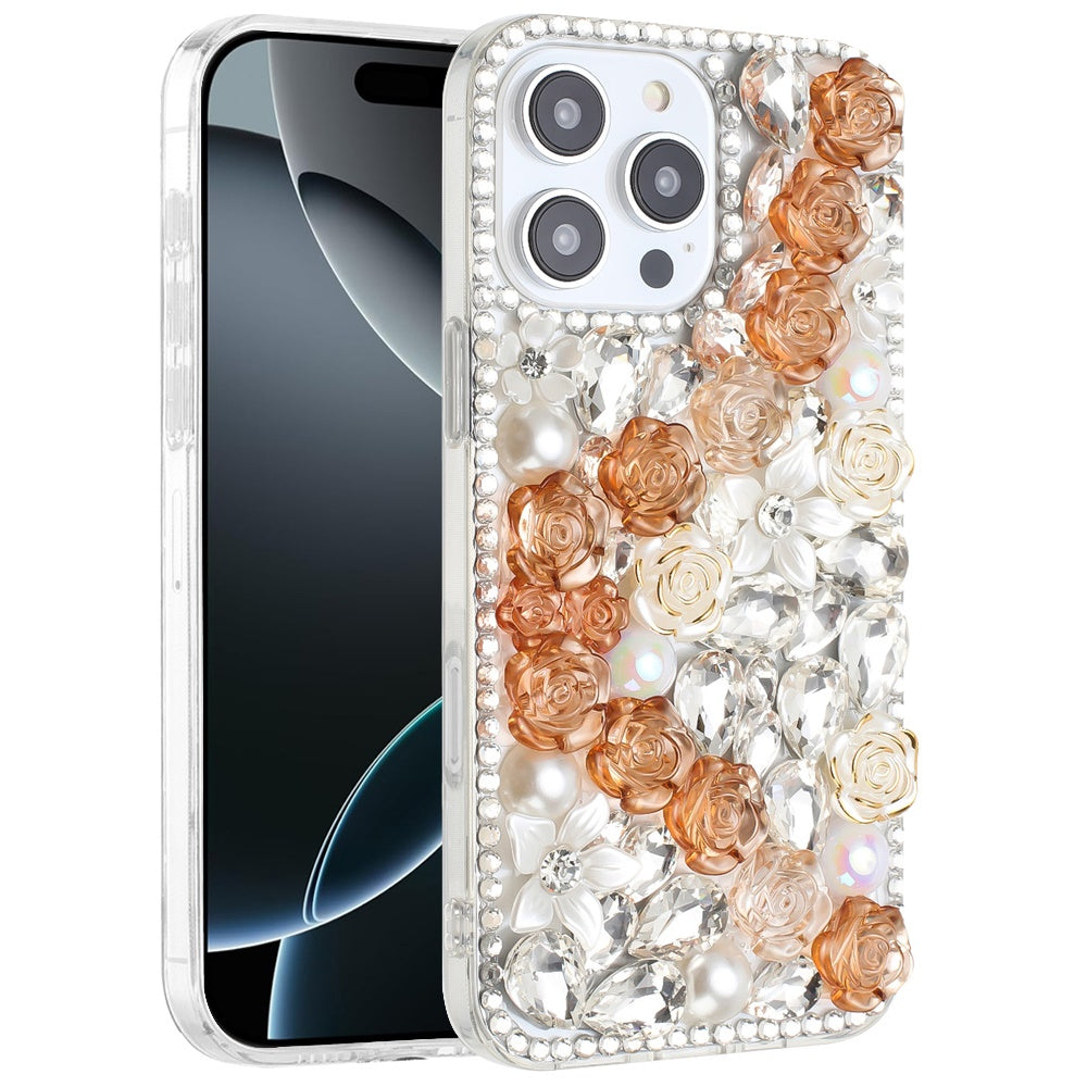For Apple iPhone 16 Pro (6.3") Fashion Rose Flower Floral Bling Crystal 3D Full Diamonds Pearl Sparkle Rhinestone Glitter Hybrid Case Cover