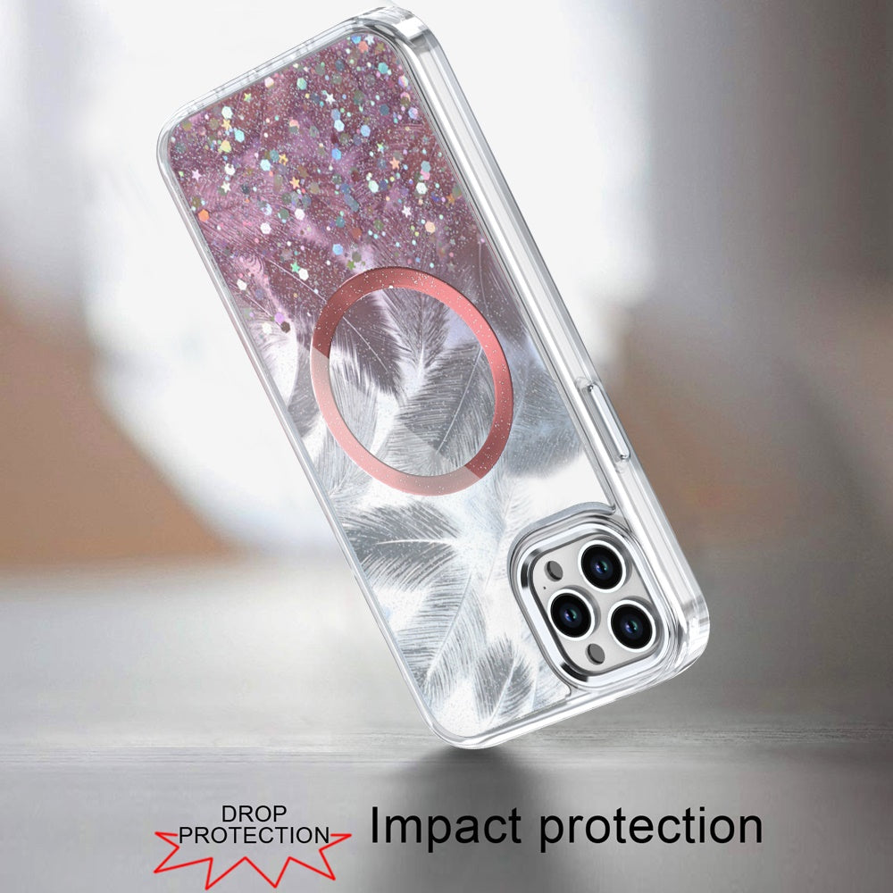 For Apple iPhone 15 Pro Max Epoxy Glitter Shimmer Fashion Case with Magnetic Magsafe Compatible Hybrid Sparkling Slim Protective Case Cover Light Pink