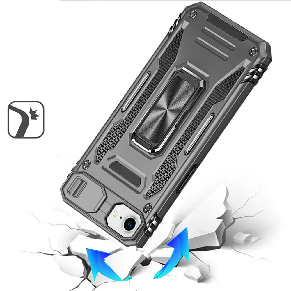 For Apple iPhone 16e Tough Hybrid Case with Movable Camera Window & Metal Ring Stand Shockproof Case Cover Gray