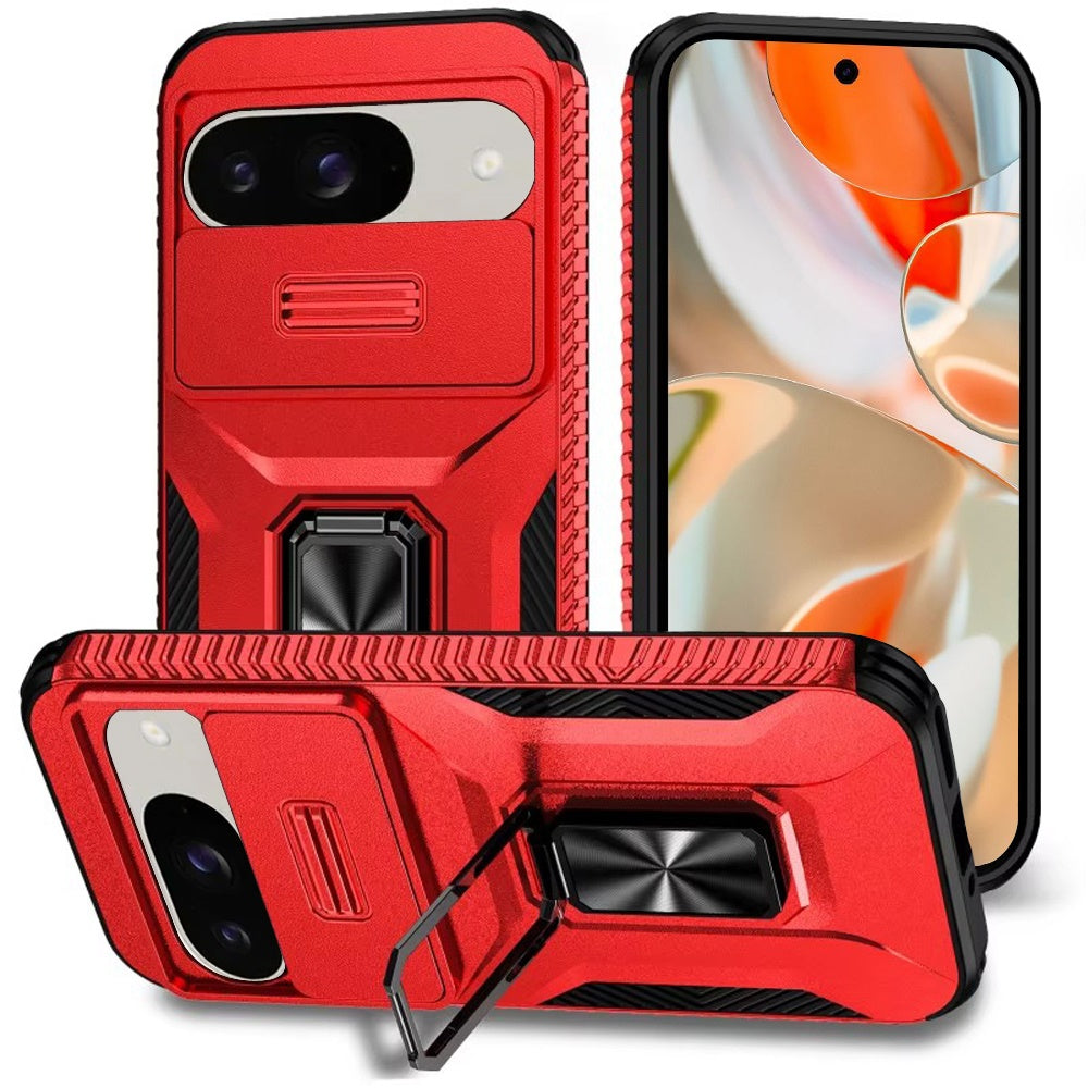 For Google Pixel 9 (6.3 inch) Camera Cover Phone Case with Magnetic Rotation Ring Stand [Military Grade] Hybrid Hard TPU Shockproof Case Cover