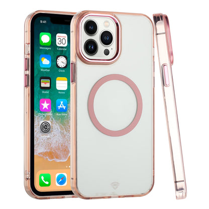 For Apple iPhone 14 Pro Transparent Back Hybrid Case - Magnetic Circle, Color Frame, Metal Buttons, MagSafe Compatible Case Cover Rose Gold