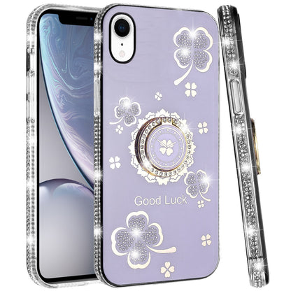 For Apple iPhone XR Diamonds Bling All Around Edges Sparkly Glitter Hybrid Ring Stand Holder Fashion Good Luck Case Cover