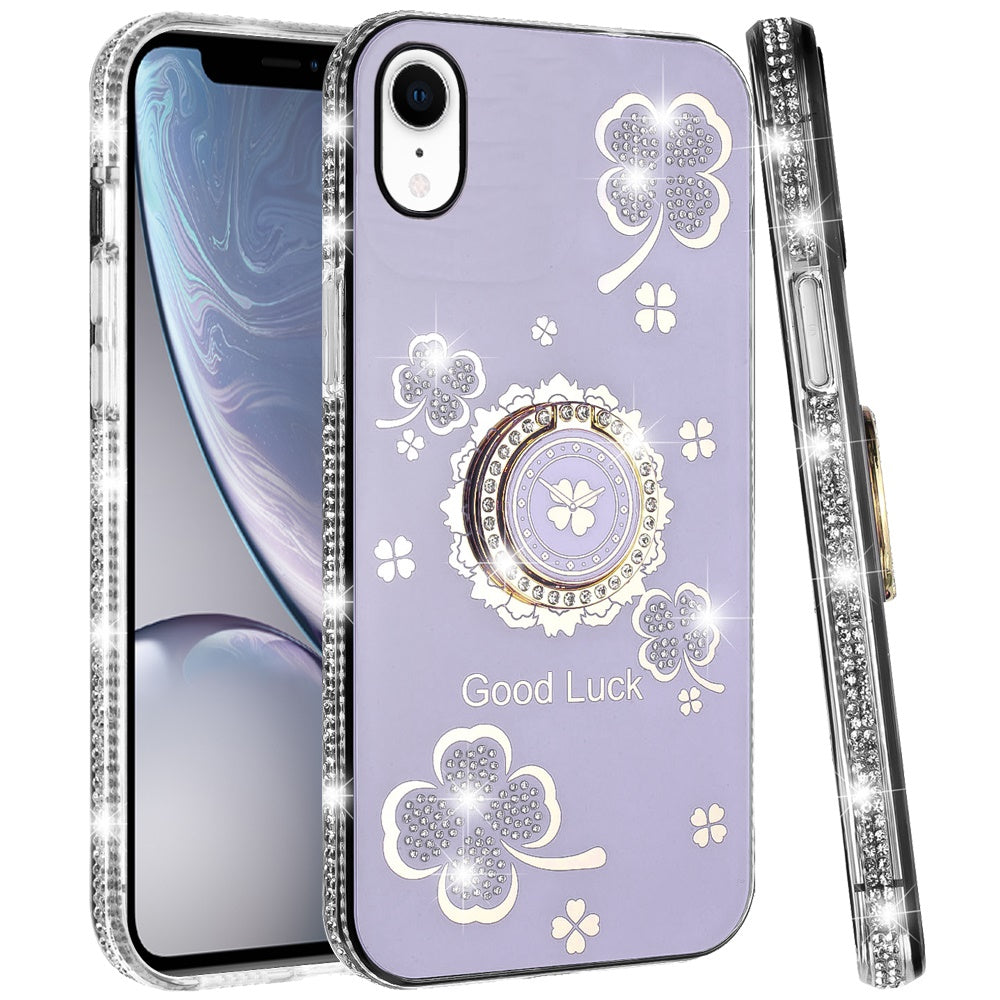 For Apple iPhone XR Diamonds Bling All Around Edges Sparkly Glitter Hybrid Ring Stand Holder Fashion Good Luck Case Cover