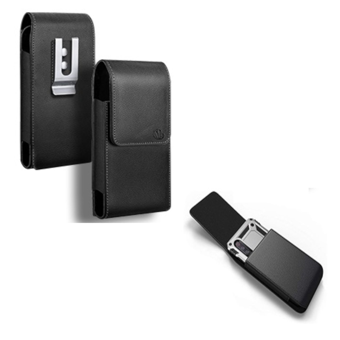 For Apple iPhone 16 Pro (6.3") Universal PU Leather Vertical Phone Pouch Holder Carrying Case [Magnetic Closure] With Fixed Belt Clip Holster Hybrid [Black]