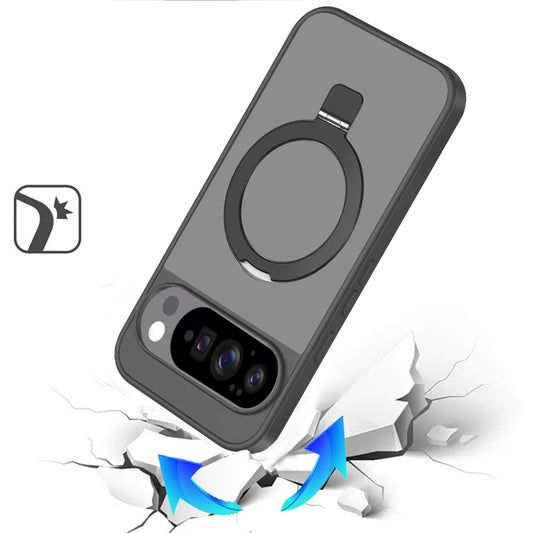 For Google Pixel 10 /Pixel 10 Pro Magnetic Circle Back with Ring Stand Full Rotation Matte Hybrid Shockproof Case Cover Black