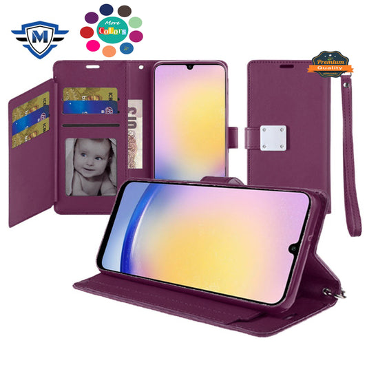 For Apple iPhone 16 Pro (6.3") Premium Leather Wallet with Credit Card ID Slots Cash Holder Duo Flip Pouch Stand and Strap Case Cover