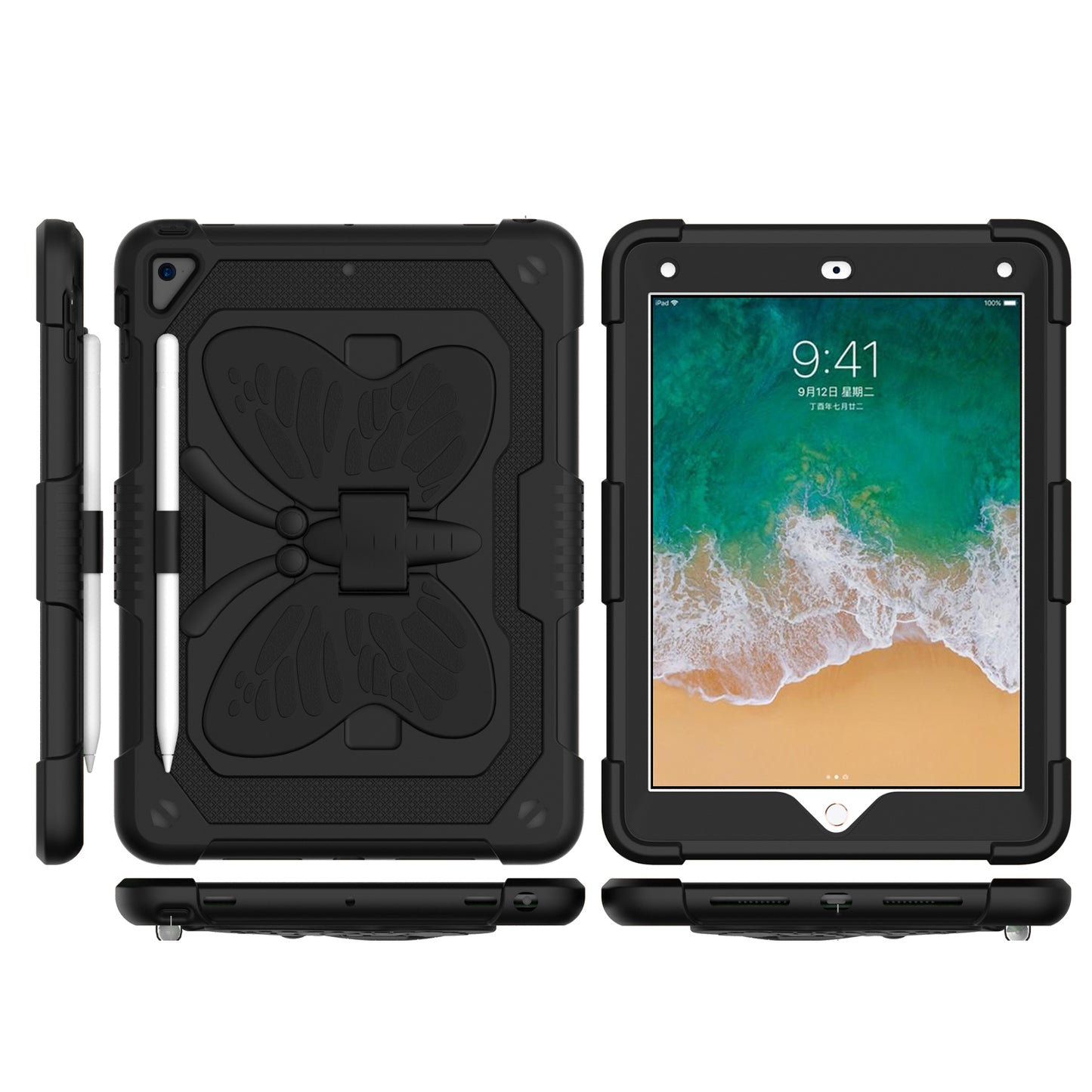 For Butterfly Wings Kickstand 3in1 Tough Hybrid with Pencil Holder Heavy Duty Rugged Shockproof Full Protective Black Tablet Case Cover