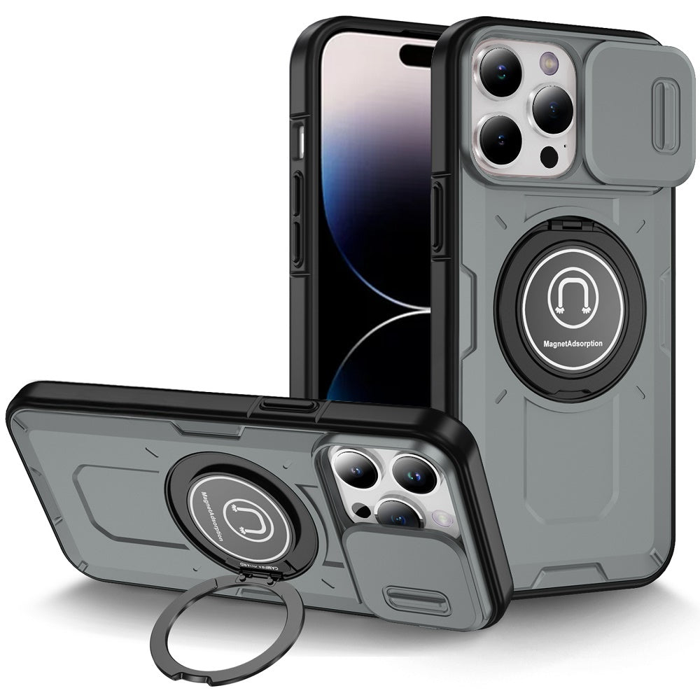 For Apple iPhone 16 Pro (6.3") Build in Invisible Magnetic Ring Stand with Slide Camera Protector, fit Magnetic Car Mount [Compatible with MagSafe] Case Cover