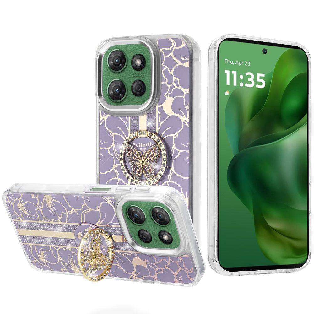 For Motorola Edge 2025 Diamonds 3D Butterfly Floral Design Bling Sparkly Glitter Hybrid Metal Fashion with Ring Stand Case Cover
