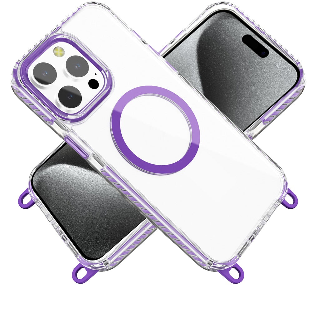 For Apple iPhone 15 Pro Max Clear Magnetic Frame PC Back Shockproof Protective Case with Detachable Lanyard Strap, Compatible with MagSafe Case Cover