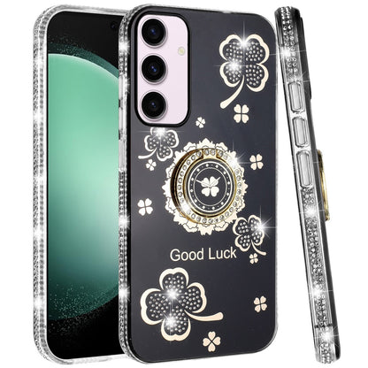 For Samsung Galaxy S23+ Plus Diamonds Bling All Around Edges Sparkly Glitter Hybrid Ring Stand Holder Fashion Good Luck Case Cover
