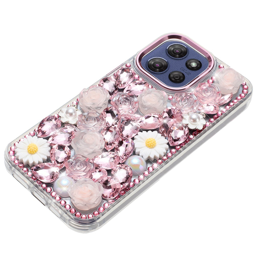For Motorola Moto G Stylus 5G 2025 Fashion Daisy Floral Series, Full 3D Bling Crystal Diamonds Sparkling Rhinestone Glitter Hybrid Design Case Cover
