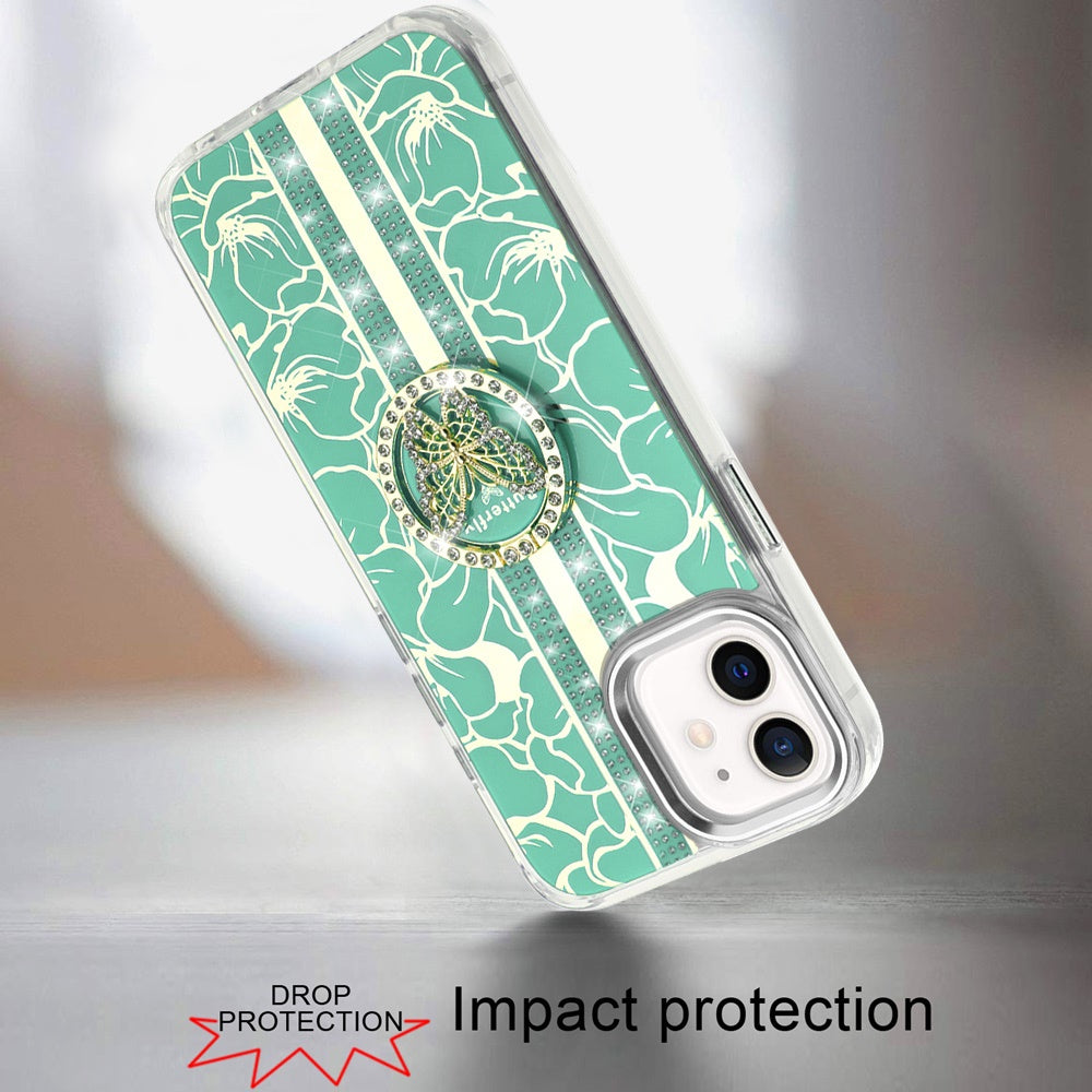 For Apple iPhone 11 Diamonds 3D Butterfly Floral Design Bling Sparkly Glitter Hybrid Metal Fashion with Ring Stand Case Cover