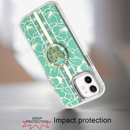 For Apple iPhone 15 Diamonds 3D Butterfly Floral Design Bling Sparkly Glitter Hybrid Metal Fashion with Ring Stand Case Cover
