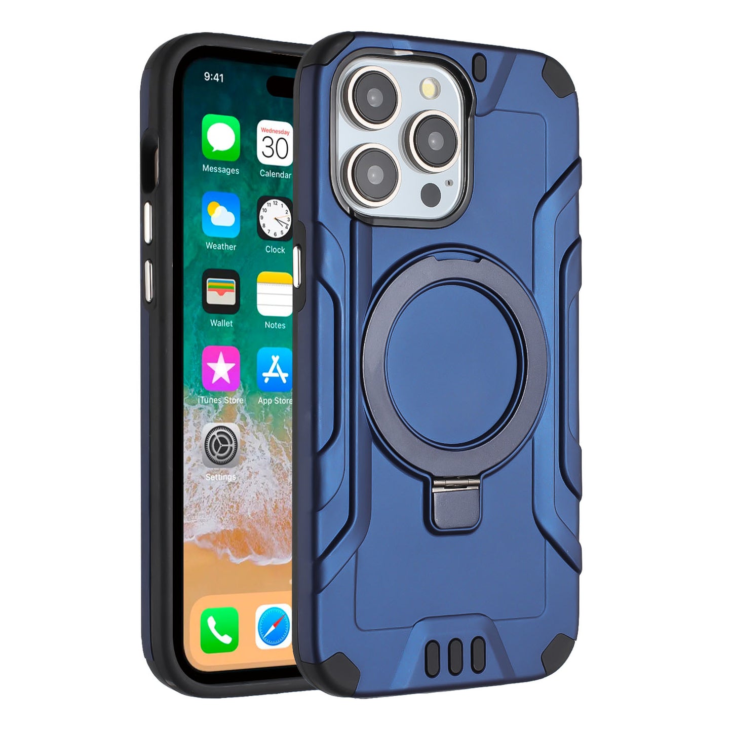 For Apple iPhone 15 /6.1" Brushed Armor Rugged Hybrid with Invisible Magnetic Circle Kickstand Shockproof Hard PC Protective Case Cover -