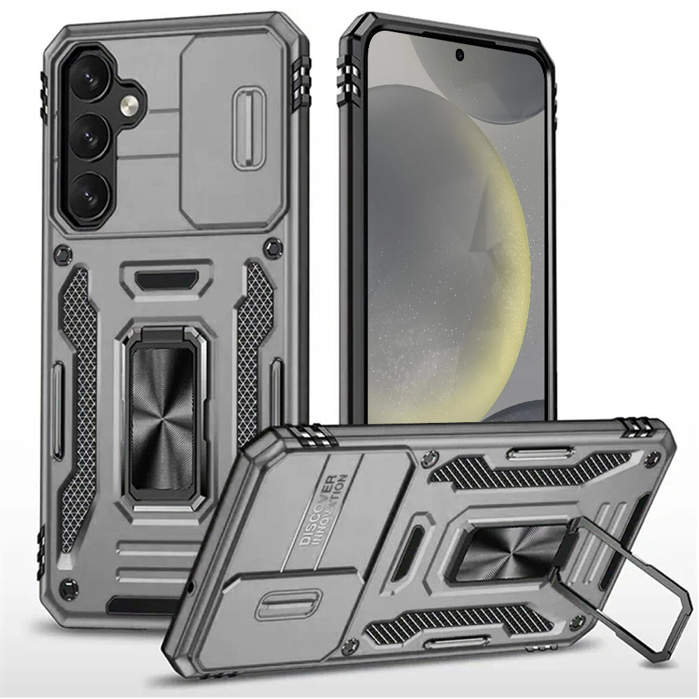 For Apple iPhone 16e Tough Hybrid Case with Movable Camera Window & Metal Ring Stand Shockproof Case Cover Gray