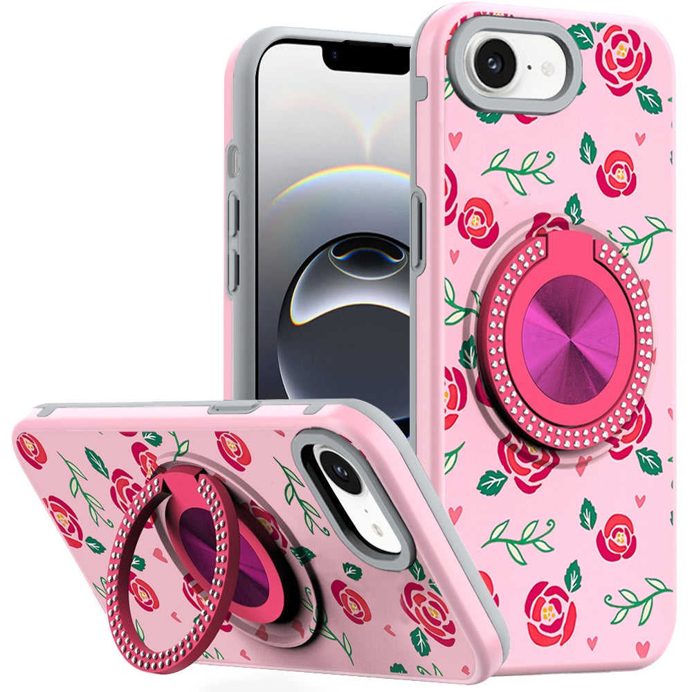 For Apple iPhone 16e Pattern Design Hybrid with Invisible Ring Stand & Magnetic Back, Shockproof Protective Grip Case Cover Red Roses