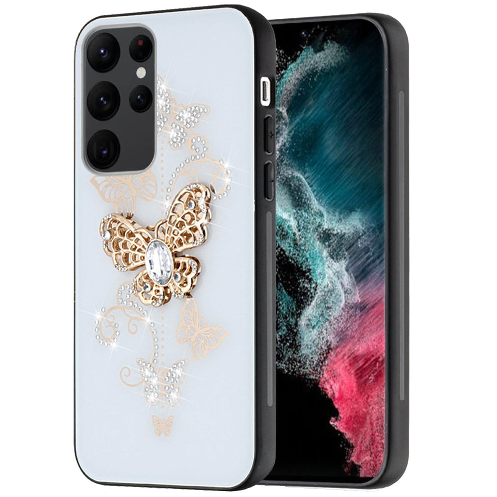 For Samsung Galaxy Z Fold 7 Diamonds 3D Butterfly Bling Sparkly Glitter Ornaments Engraving Hybrid Metal Fashion Case Cover White Garden Butterflies