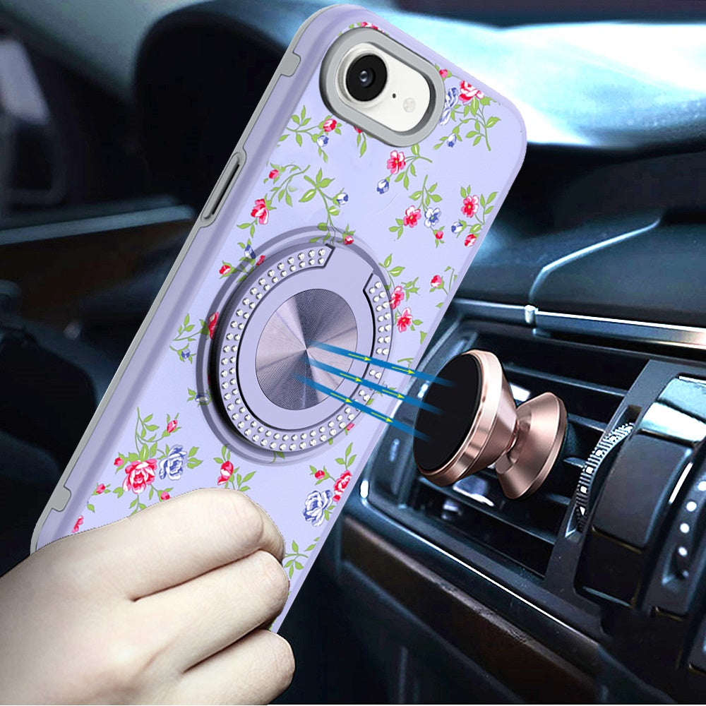 For Apple iPhone 16e Pattern Design Hybrid with Invisible Ring Stand & Magnetic Back, Shockproof Protective Grip Case Cover Purple Spring Floral