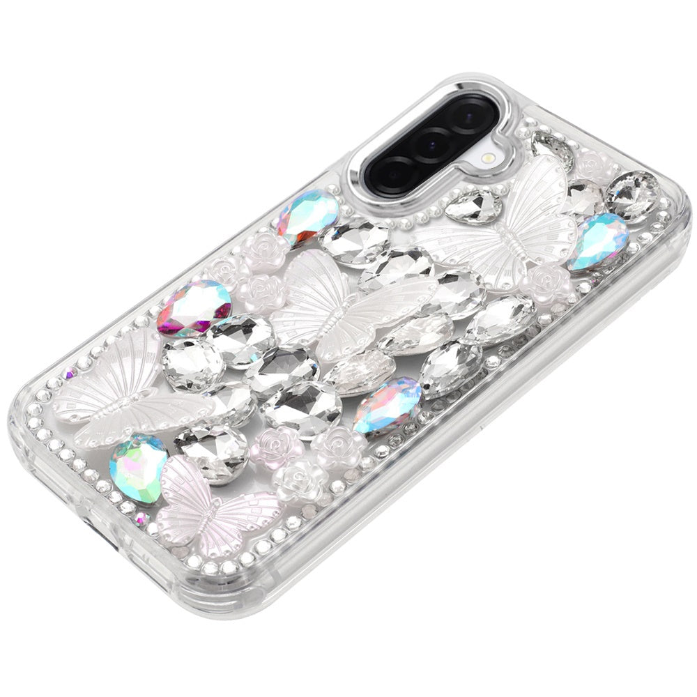 For Samsung Galaxy S25 Fan Edition /Galaxy S25 FE 3D Diamond Floral Butterfly Bling Stone Hybrid, Sparkly Rhinestone Gemstone Back Shockproof Case Cover