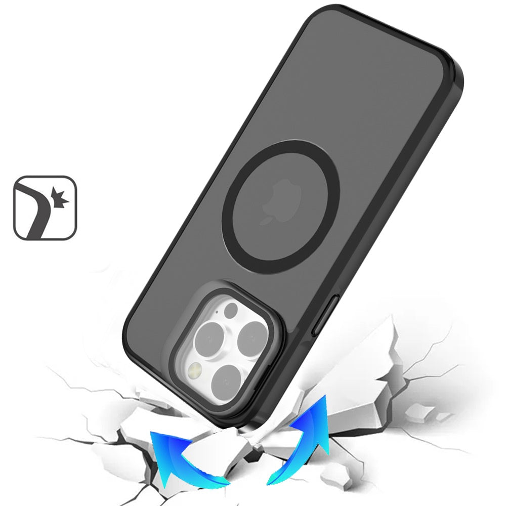 For Apple iPhone 14 Plus Tough HQ Hybrid Case with Aluminum Frame Camera Stand, Compatible with MagSafe, Translucent Matte Shockproof Case Cover Black
