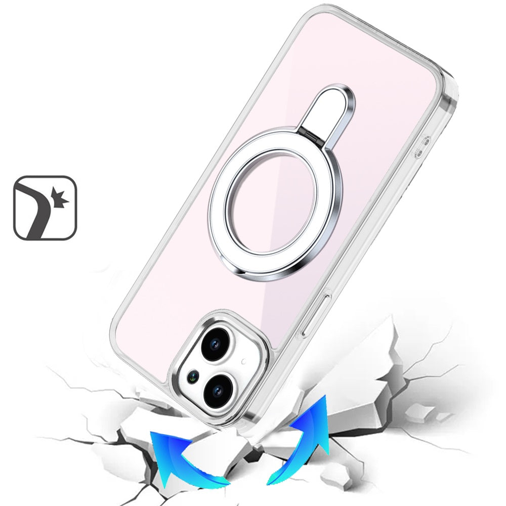 For Apple iPhone 15 Chrome Hybrid with Rotating Magnetic Circle Ring Stand, Slim Shockproof Hybrid Case Cover