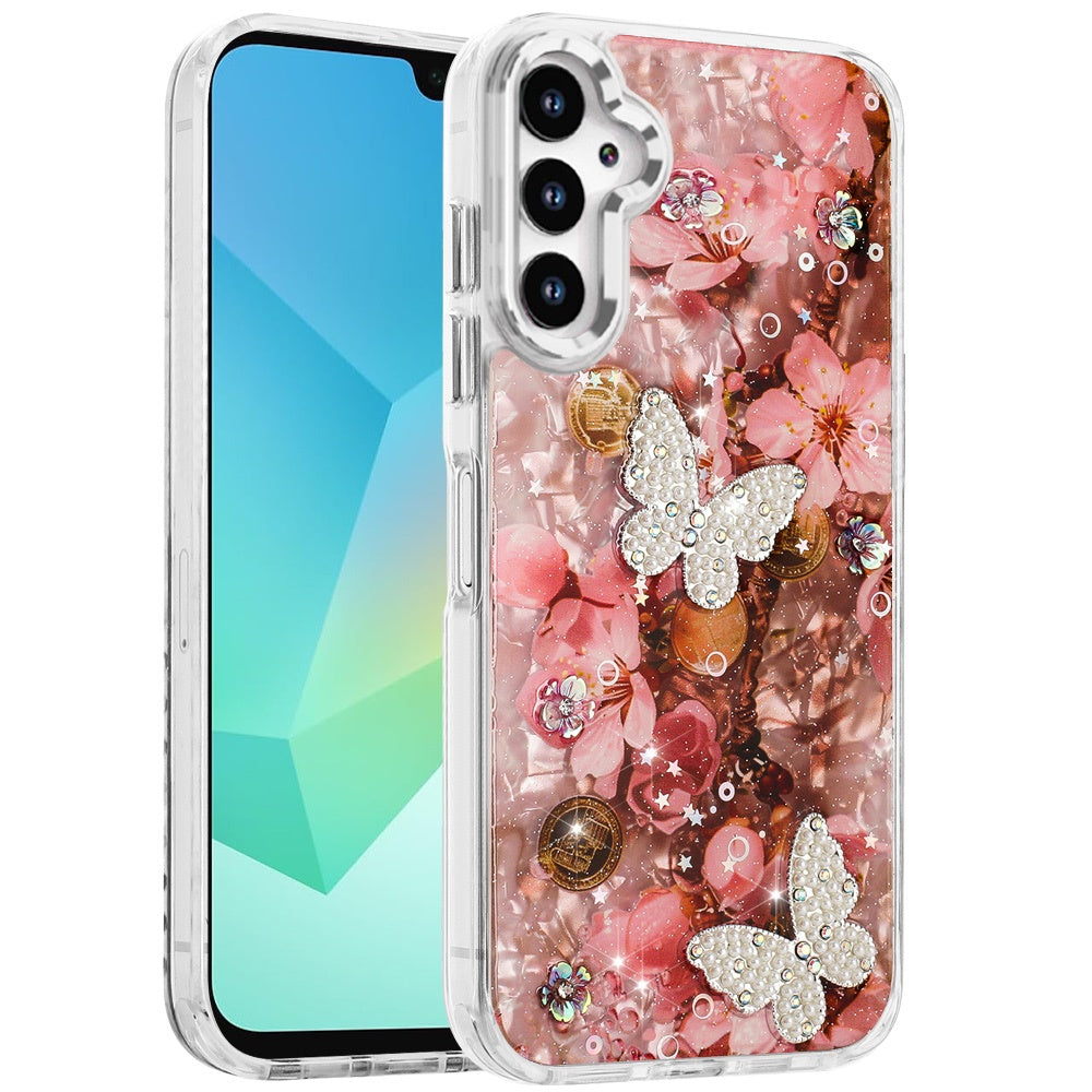 For Samsung Galaxy A17 5G Epoxy Glitter Flowers Bling 3D Butterfly Fashion TPU Hybrid with Shockproof Protection Case Cover