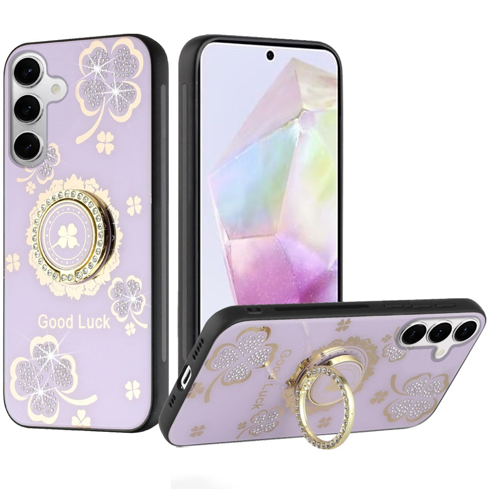 For Apple iPhone SE 4 Diamonds 3D Fashion Floral Bling Sparkly Glitter Ornaments Engraving Hybrid with Ring Stand Case Cover Purple Good Luck Floral