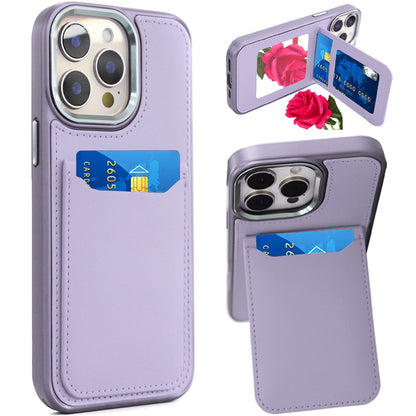 For Apple iPhone 14 Pro Max PU Leather Wallet Cover with Credit Card Holder, Kickstand & Mirror Inside Slim Fit TPU & PC Hybrid Design Case Cover