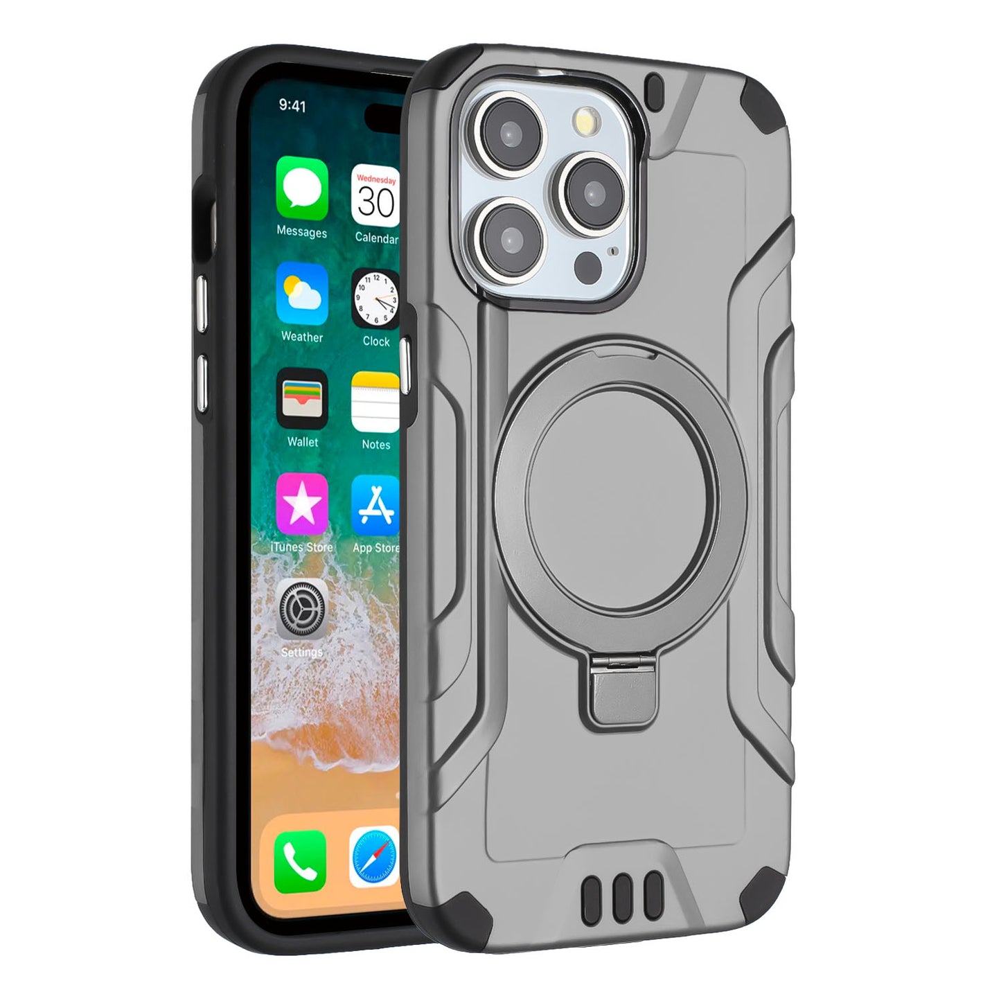 For Apple iPhone 15 /6.1" Brushed Armor Rugged Hybrid with Invisible Magnetic Circle Kickstand Shockproof Hard PC Protective Case Cover -