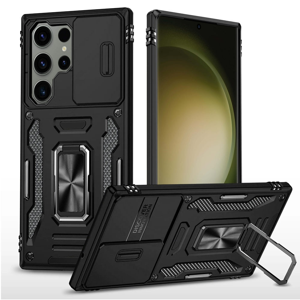 For Samsung Galaxy A32 5G Tough Hybrid Case with Movable Camera Window & Metal Ring Stand Shockproof Case Cover Black