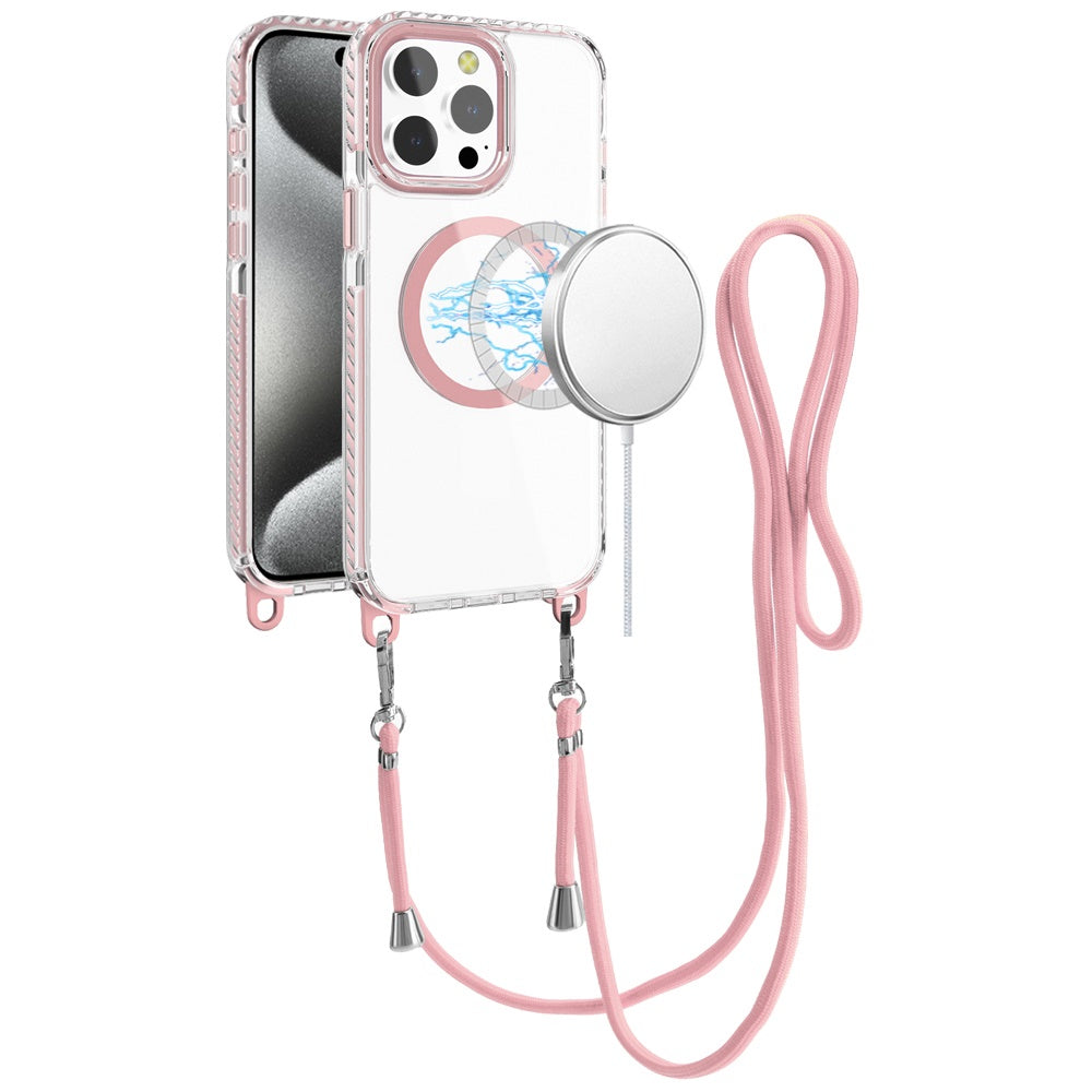 For Apple iPhone 16 Pro Max Clear Magnetic Frame PC Back Shockproof Protective Case with Detachable Lanyard Strap, Compatible with MagSafe Case Cover