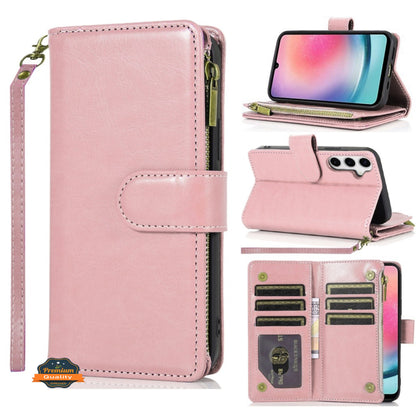 For Samsung Galaxy A17 5G Leather Wallet Case with Zipper, 9 Card Slots, Cash Pocket, Stand & Strap, Clutch Pouch Design Case Cover