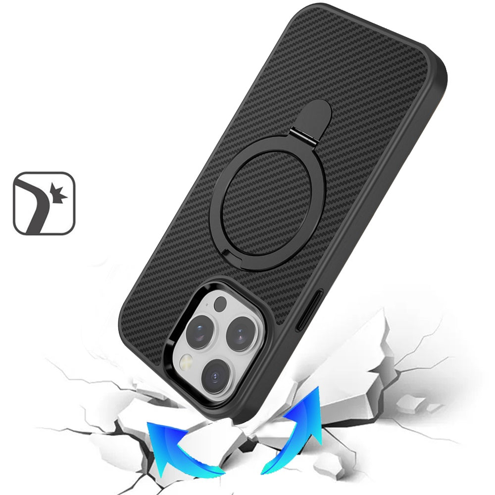 For Apple iPhone 15 Pro Hybrid Carbon Fiber Design with MagSafe Compatible [Magnetic Circle], Ring Stand Shockproof Slim TPU Case Cover