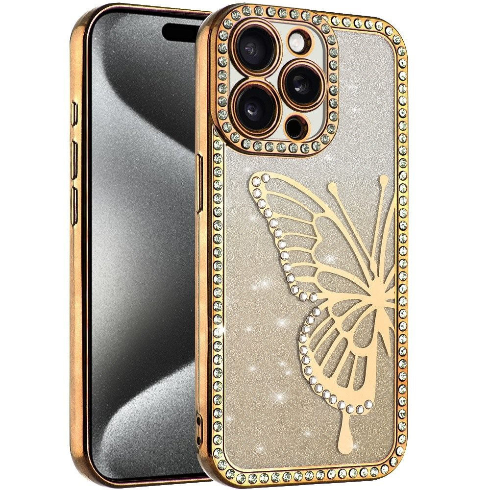 For Apple iPhone 13 Pro Max Butterfly Glitter Diamond Shimmer Hybrid Slim & Stylish Electroplated Sparkly Bling Shockproof TPU Protective Case Cover
