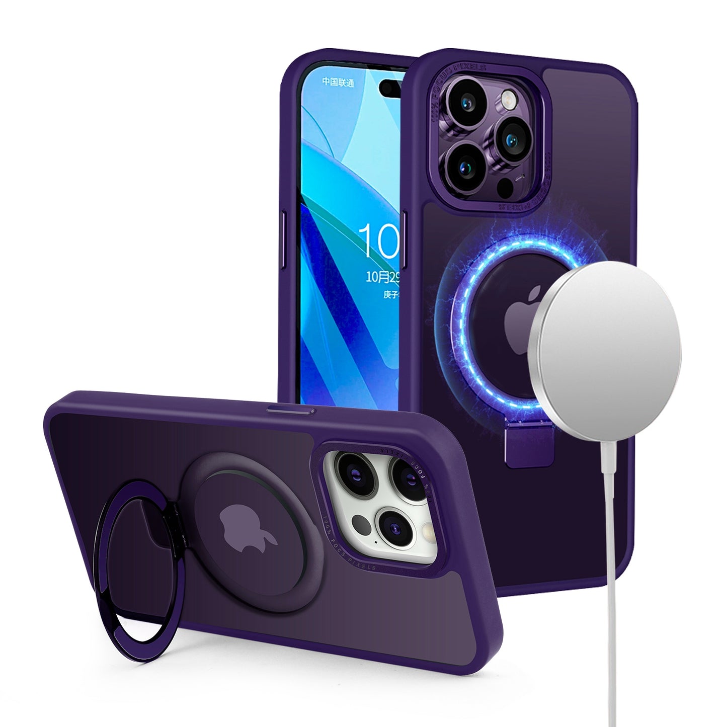 For Apple iPhone 16 Pro (6.3") Magnetic Metal Matte Built-in Compatible with MagSafe Stand Hybrid Shock Armor TPU Case Cover Purple