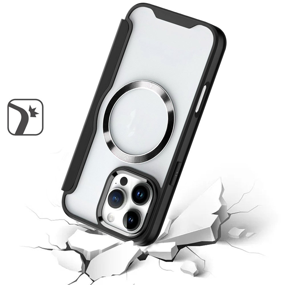 For Apple iPhone 16 Pro (6.3") Flap Wallet Case Credit Card Slot, Clear TPU Back Hard [Magnetic Circle] Compatible with Magsafe Case Cover Black