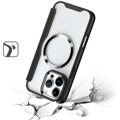 For Apple iPhone 16 Pro (6.3") Flap Wallet Case Credit Card Slot, Clear TPU Back Hard [Magnetic Circle] Compatible with Magsafe Case Cover Black