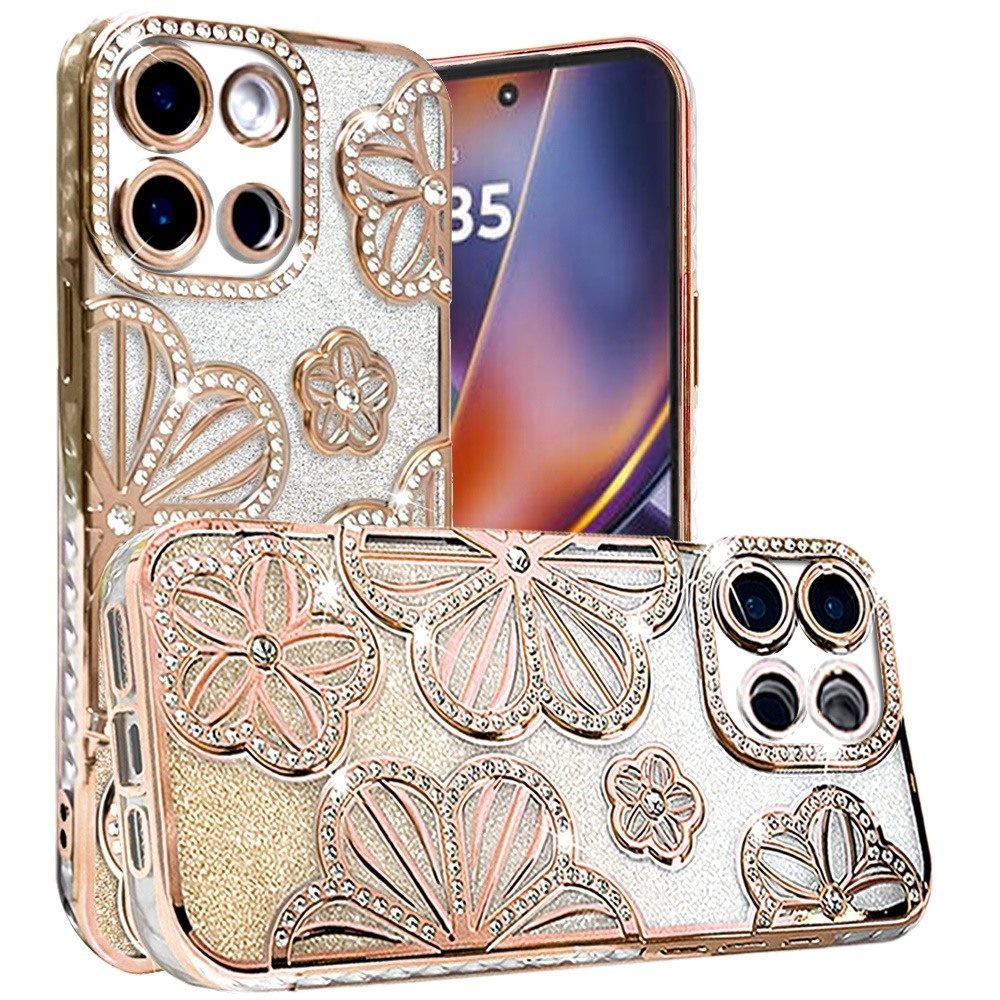 For Motorola Edge 2025 Luxury Flower Design Sparkle Glitter Diamond Rhinestone Shimmer Bling Plating Thick TPU Hard PC Case Cover