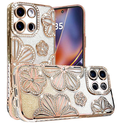 For Motorola Edge 2025 Luxury Flower Design Sparkle Glitter Diamond Rhinestone Shimmer Bling Plating Thick TPU Hard PC Case Cover
