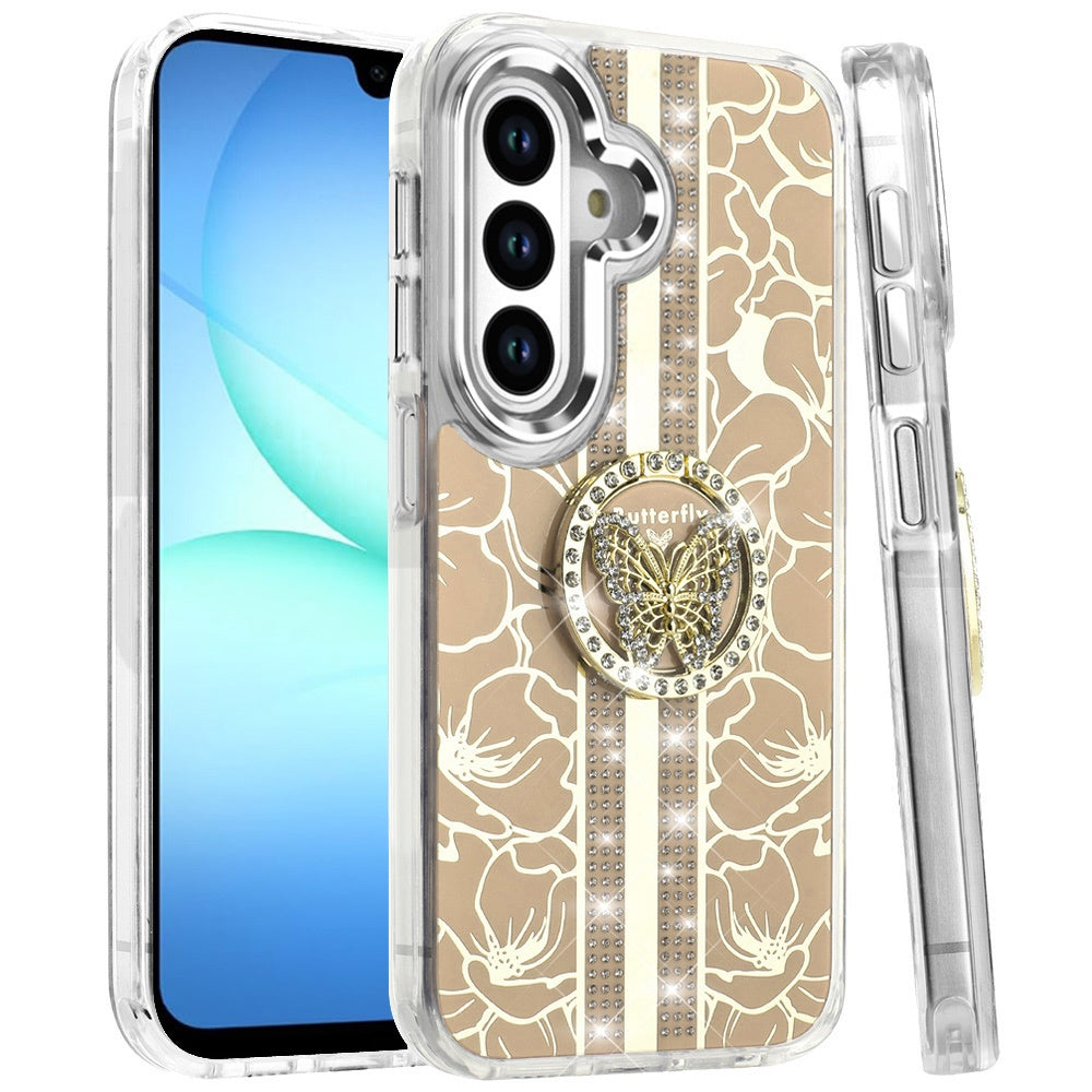 For Samsung Galaxy A17 5G Diamonds 3D Butterfly Floral Design Bling Sparkly Glitter Hybrid Metal Fashion with Ring Stand Case Cover