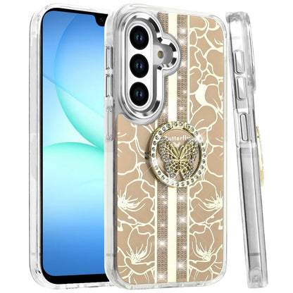 For Samsung Galaxy A17 5G Diamonds 3D Butterfly Floral Design Bling Sparkly Glitter Hybrid Metal Fashion with Ring Stand Case Cover