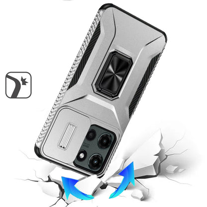For Motorola Moto G Stylus 5G 2025 Case, Camera Cover with Magnetic Rotation Ring Stand, Military Grade Hybrid Hard TPU Shockproof Case Cover Silver