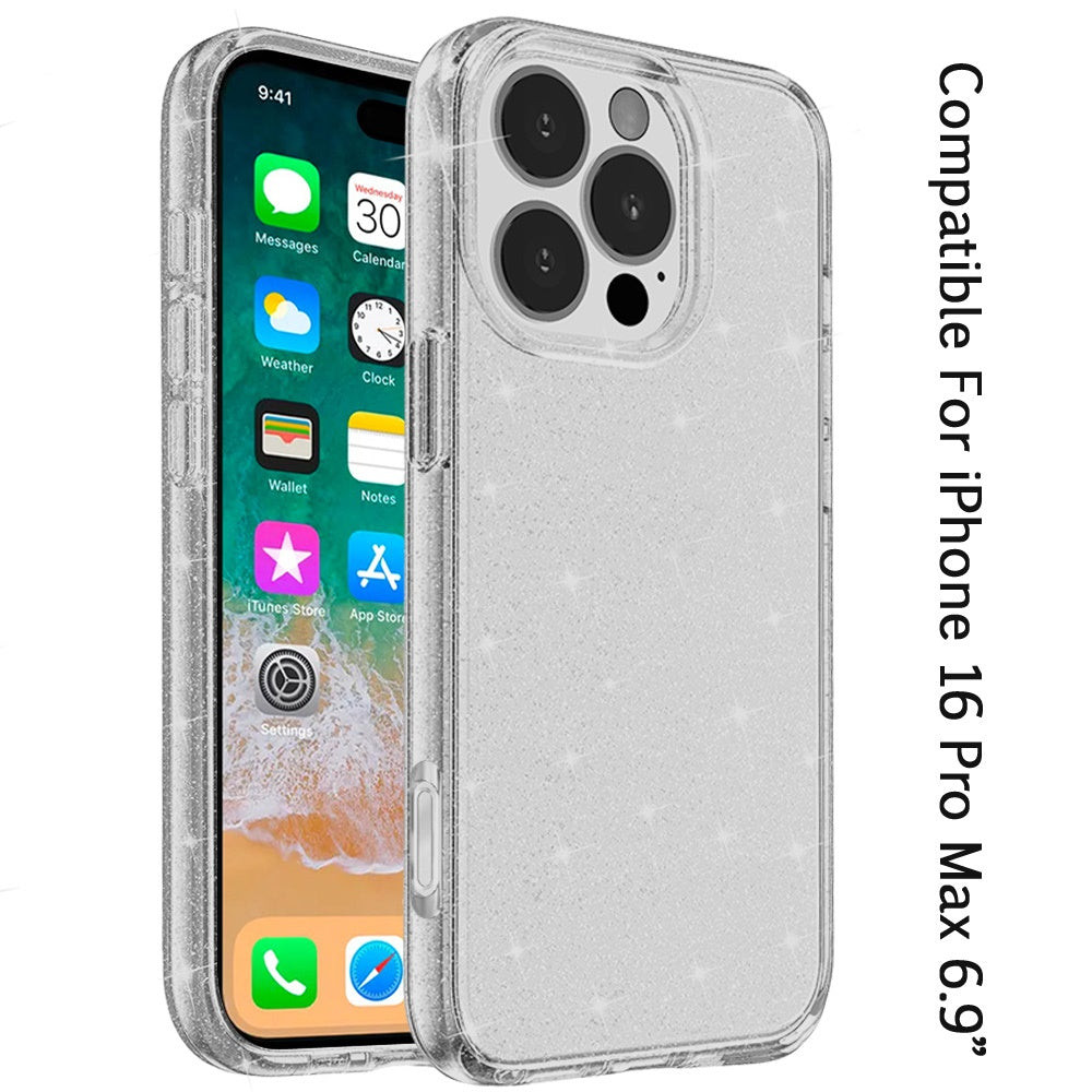 For Apple iPhone 16 (6.1") Transparent Glitter Shiny Sparkle Bling TPU Rubber Hard Back Hybrid Frame Shockproof Case Cover