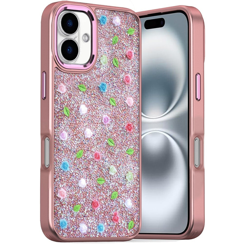 For Apple iPhone 16 (6.1") Floral Design Embedded Glass Diamond Fancy Fashion Glitter Bling Sparkly Hybrid Rugged TPU Bumper Case Cover