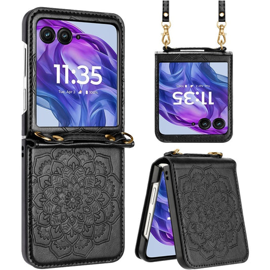 For Motorola Razr+ PLUS (2025 /2024) Embossed Floral PU Leather Henna Mandala Design Flip Cover with Strap, Hybrid Protective Case Cover