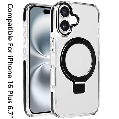 For Apple iPhone 16 Plus (6.7") Hybrid Transparent Circle Back Ring Kickstand [Compatible with MagSafe] Shockproof Color Frame Bumper Case Cover