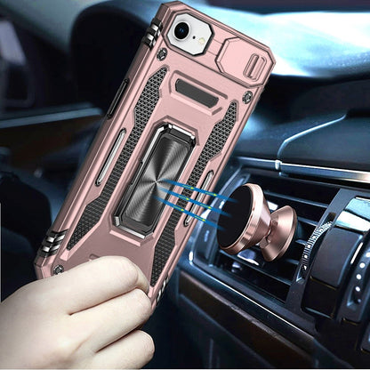 For Apple iPhone 16e Tough Hybrid Case with Movable Camera Window & Metal Ring Stand Shockproof Case Cover Rose gold
