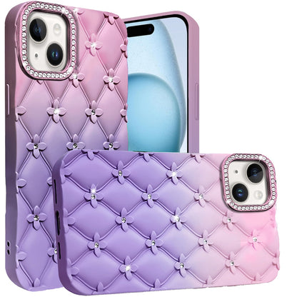 For Samsung Galaxy S25 Ultra Fashion Flower Design Sparkle Glitter Shimmer Rhinestone Bling Floral Accents, Leather Texture TPU Case Cover Light Pink /Light Purple