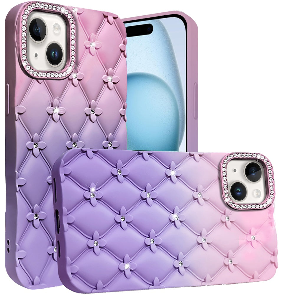 For Apple iPhone 14 / iPhone 13 (6.1") Fashion Flower Design Sparkle Glitter Shimmer Rhinestone Bling Leather Feel Thick TPU Rubber Hard PC Case Cover